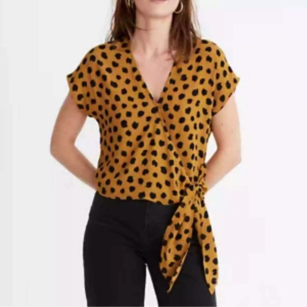 Madewell Sash-Tie Wrap Top‎ in Painted Spots Mustard Black V Neck Blouse Medium